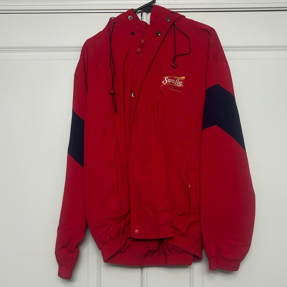 Outer Banks Workwear Jacket Mens Large Red Sara Lee Logo Hooded Parka Warm Coat